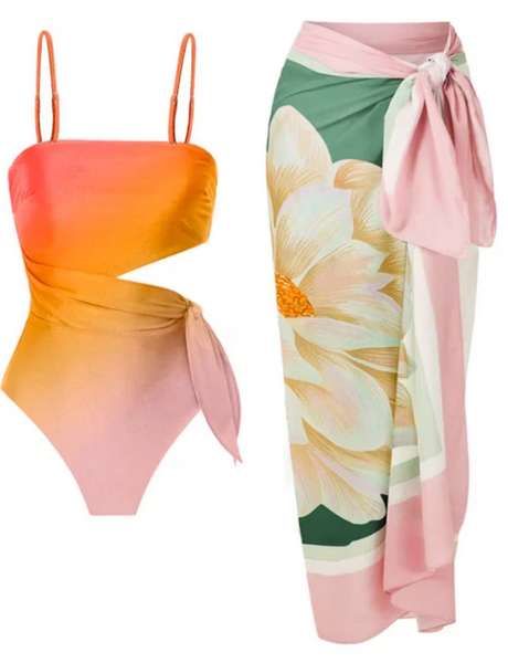 Gradient Print Monokini with Coverup Multicolor