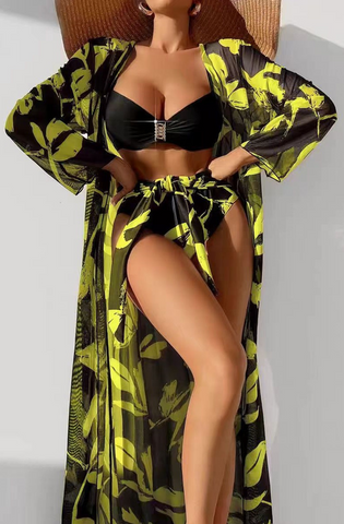 All over Plants Print Push Up Bikini Set With Kimono Yellow