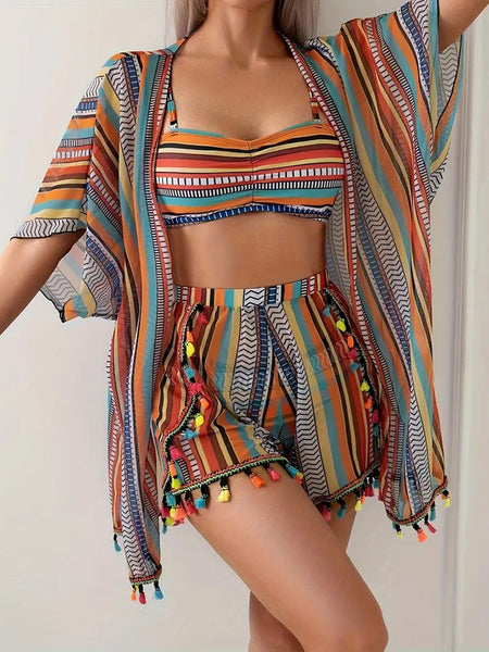 Multicolor Abstract Bikini Set Shirt Cover-Up Beach Shorts