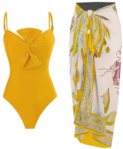Solid Spaghetti Straps One Piece With Wrap Skirt Yellow