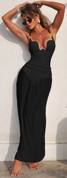 Black Solid Deep V One Piece Swimsuit Beach Skirt