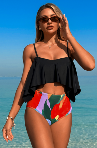 Spaghetti Straps High Waist High Cut Two Pieces Swimsuit Black