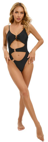 Ring Llink Hollow Out V Neck One Piece Swimsuit Black