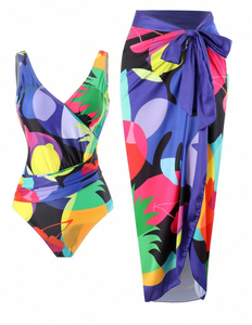 Printed Swimsuit & Beach Cover Up Sarong Set Purple