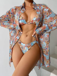 Random Shirt Print V Neck Three Piece Swimsuit Multicolor