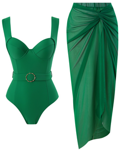 Solid Metal Ring with Strap Décor One Piece Swimsuit Green