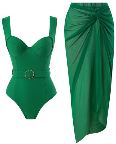 Solid Metal Ring with Strap Décor One Piece Swimsuit Green
