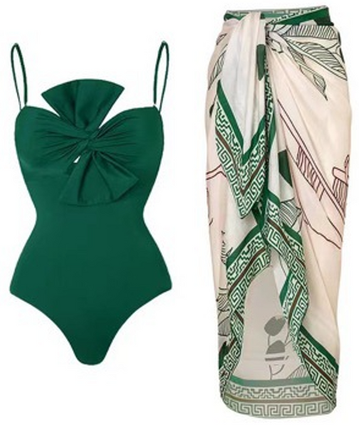 Solid Spaghetti Straps One Piece With Wrap Skirt Green