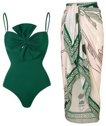 Solid Spaghetti Straps One Piece With Wrap Skirt Green
