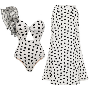 Polka Dot Spaghetti Straps One Piece Siwmsuit With Cover Up White