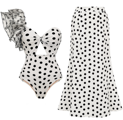 Polka Dot Spaghetti Straps One Piece Siwmsuit With Cover Up White