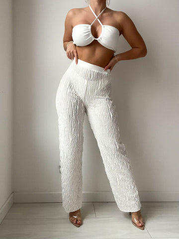 Solid Ribbed Halter Neck Bikini and Trousers Three-Piece Sexy Swimsuit White