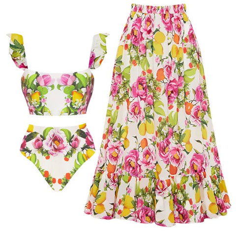 Flower Print Shoulder Straps Two Piece Swimsuit With Cover Up White 
