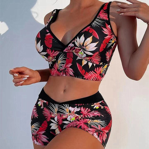 Tropical Plant Print Deep V Neck Two Pieces Set Tankini with Short Bottoms Red