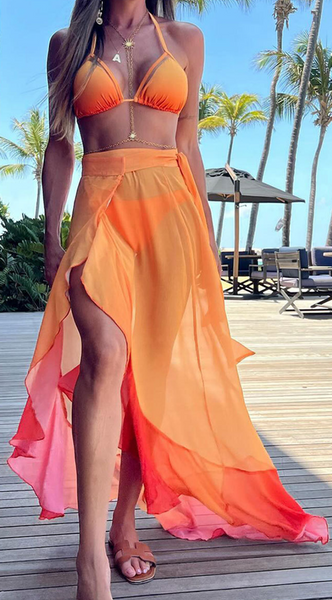 Gradient Bikini Mesh Skirt Three Piece Swimsuit Orange