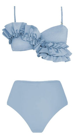 Solid Ruffle Shoulder Straps Two Piece High Waist Swimsuit Light Blue 