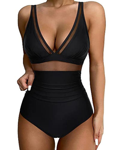 Solid Mesh Contrast V Neck Stretchy Ruched One-piece Swimsuit Black