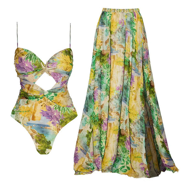Color Fade Shoulder Strap One Piece Swimsuit with Cover Up Multicolor
