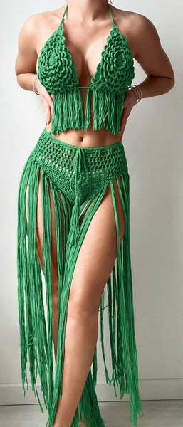 Green Solid Crochet Tassel Halter Top With High Waisted Skirt