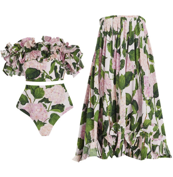 Multicolor Tropical Ruffle Bikini Set With Beach Skirt