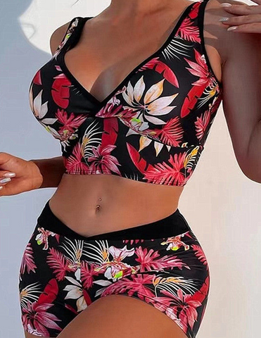 Tropical Plant Print Deep V Neck Two Pieces Set Tankini with Short Bottoms Red