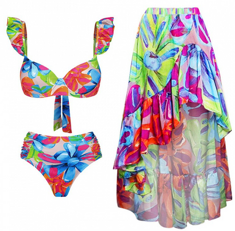 Flower Print Shoulder Straps Two Piece Swimsuit With Cover Up Multicolor