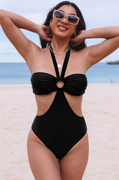Black Halter O-ring Ruched Bust One Piece Swimsuit