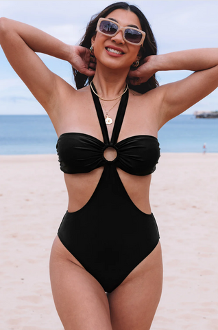 Black Halter O-ring Ruched Bust One Piece Swimsuit