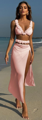 Solid Flower Décor Shoulder Straps Four Piece Bikini Swimsuit Pink