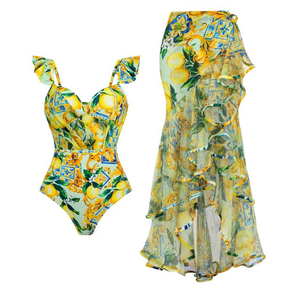 Yellow Fruit Print Underwire One Piece Swimsuit With Sarong