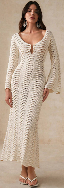 Cream Solid Crochet Knit Long Flare Sleeve Beach Dress