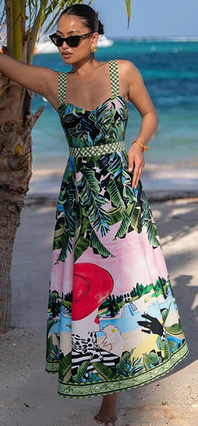 Green Tropical High Cut One Piece Swimsuit With Beach Skirt