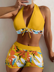 Yellow Tropical Leaf Print Tie Bikini and Boardshorts