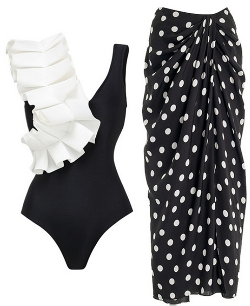 Black Polka Dots Ruffle One Piece Swimsuit With Beach Skirt
