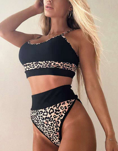 Solid Print High Waist Athletic Tank Style Two Piece Swimsuit Leopard