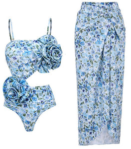 Floral Print Flower Décor Shoulder Straps One-Piece Swimsuit with Sarong Blue