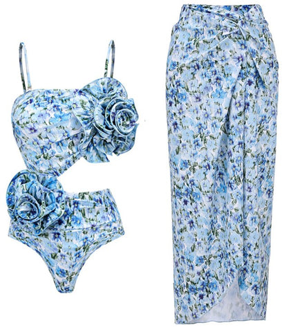 Floral Print Flower Décor Shoulder Straps One-Piece Swimsuit with Sarong Blue