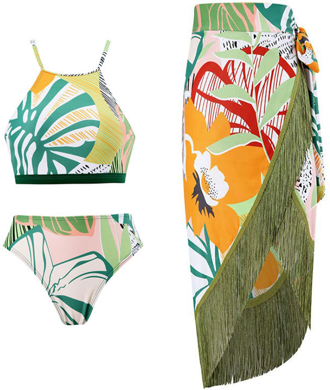 Tropical Print Bikini Set With Cover Up Skirt Green