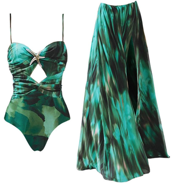 Color Fade Shoulder Strap One Piece Swimsuit with Cover Up Green