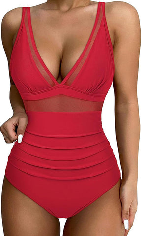 Solid Mesh Contrast V Neck Stretchy Ruched One-piece Swimsuit Red
