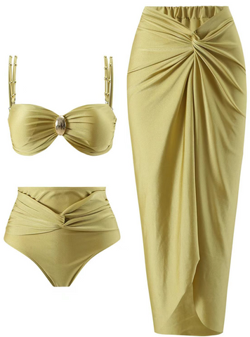 Solid Front Metal Décor Three Piece Swimsuit Ginger
