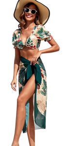 Floral Print Deep V Neck High Waist 3 Piece Swimsuit Green