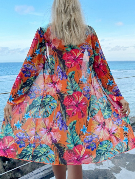 Tropical Print Underwire Bikini Swimsuit With Kimono Orange
