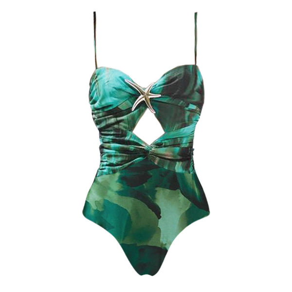 Color Fade Shoulder Strap One Piece Swimsuit with Cover Up Green