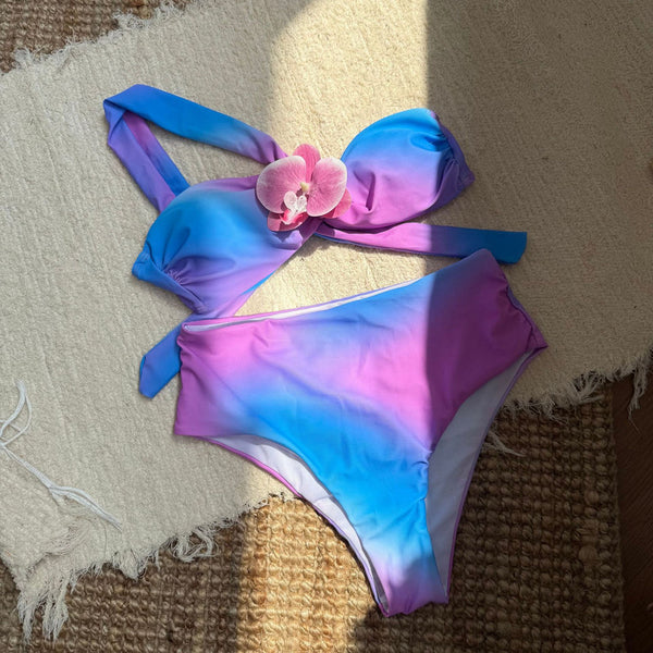 High Waist Bikini Set one-Shoulder Swimwear Blue