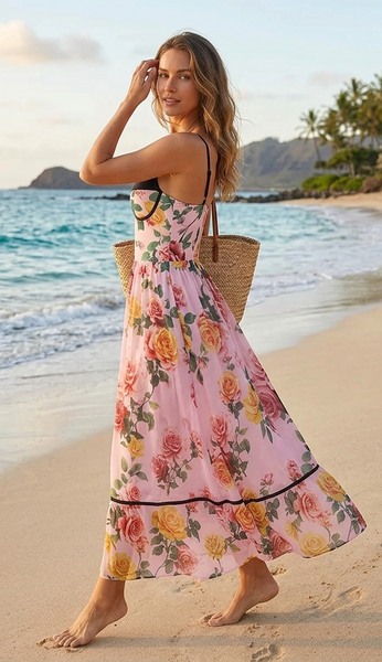 Light Pink Floral Underwire One Piece Swimsuit With Beach Skirt