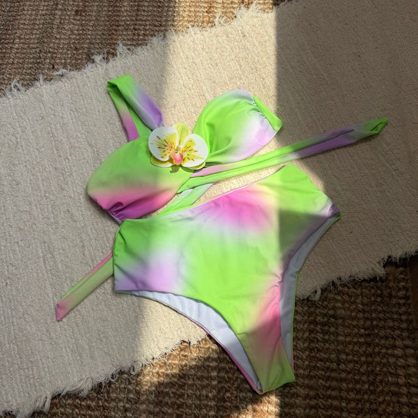 High Waist Bikini Set one-Shoulder Swimwear Green