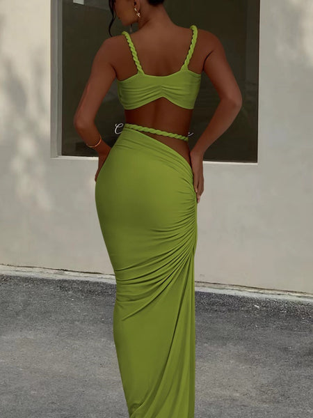 Solid Bikini & Wrap Skirt Set Stylish Two Piece shoulder strap Without Pads Green
