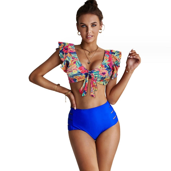 Floral Print Front Tie High Waist Bikini Swimsuit with Ruffles