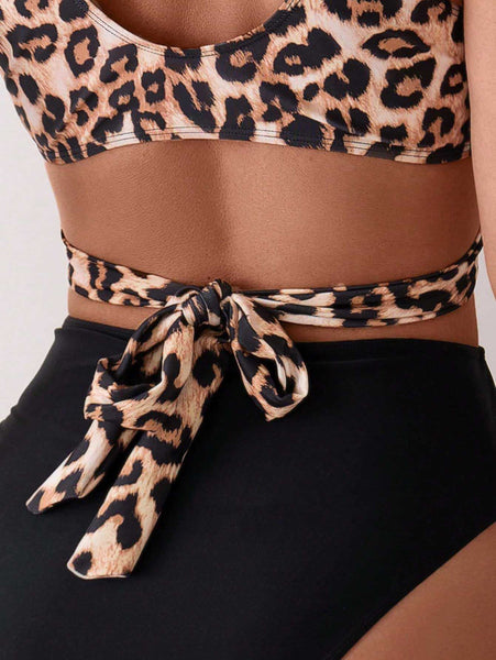 Animal Print Shoulder Straps One Piece Swimsuit Leopard
